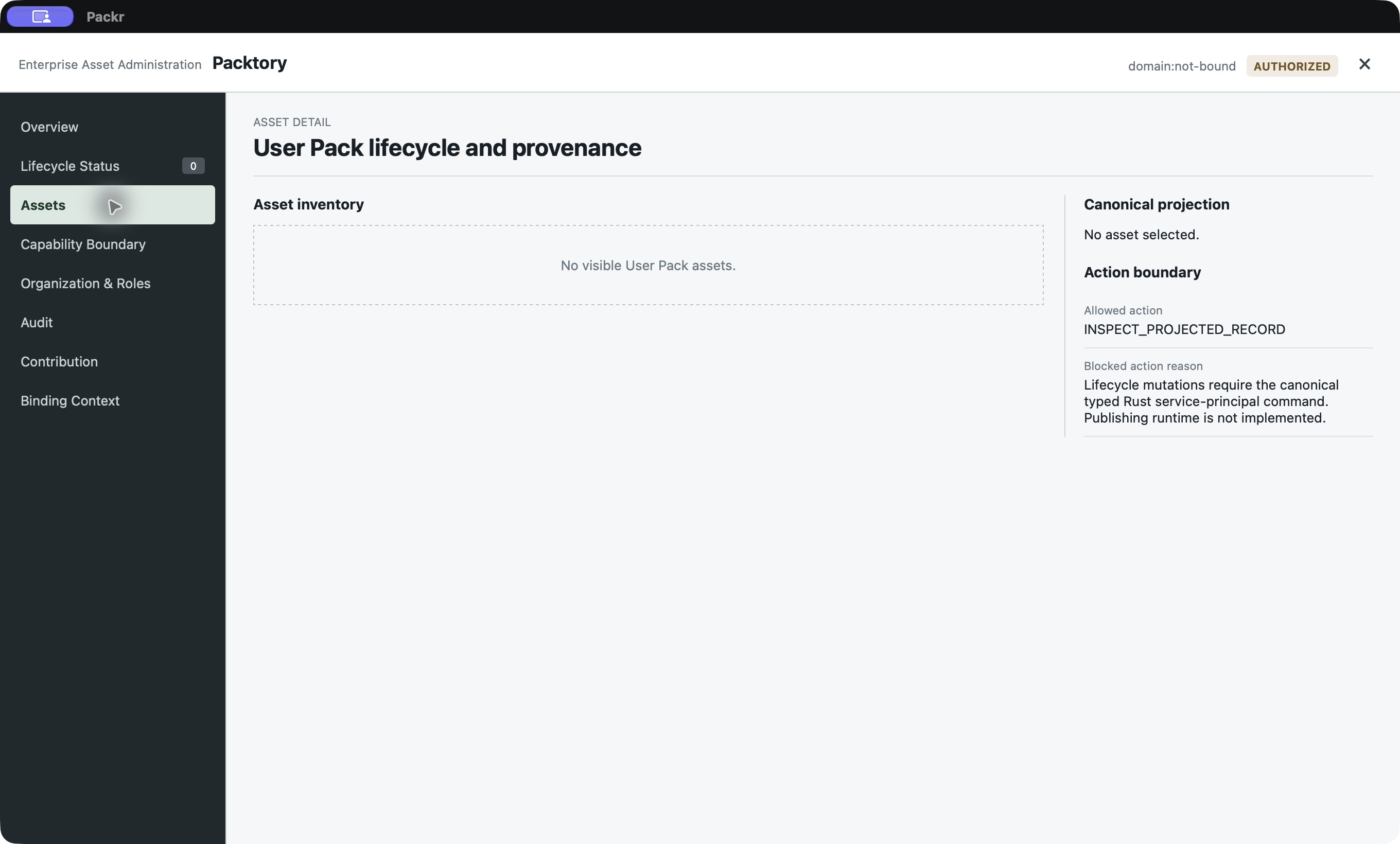 After normal reauthentication, the Assets query shows AUTHORIZED and no visible User Pack assets. The bundled library is a separate inventory.