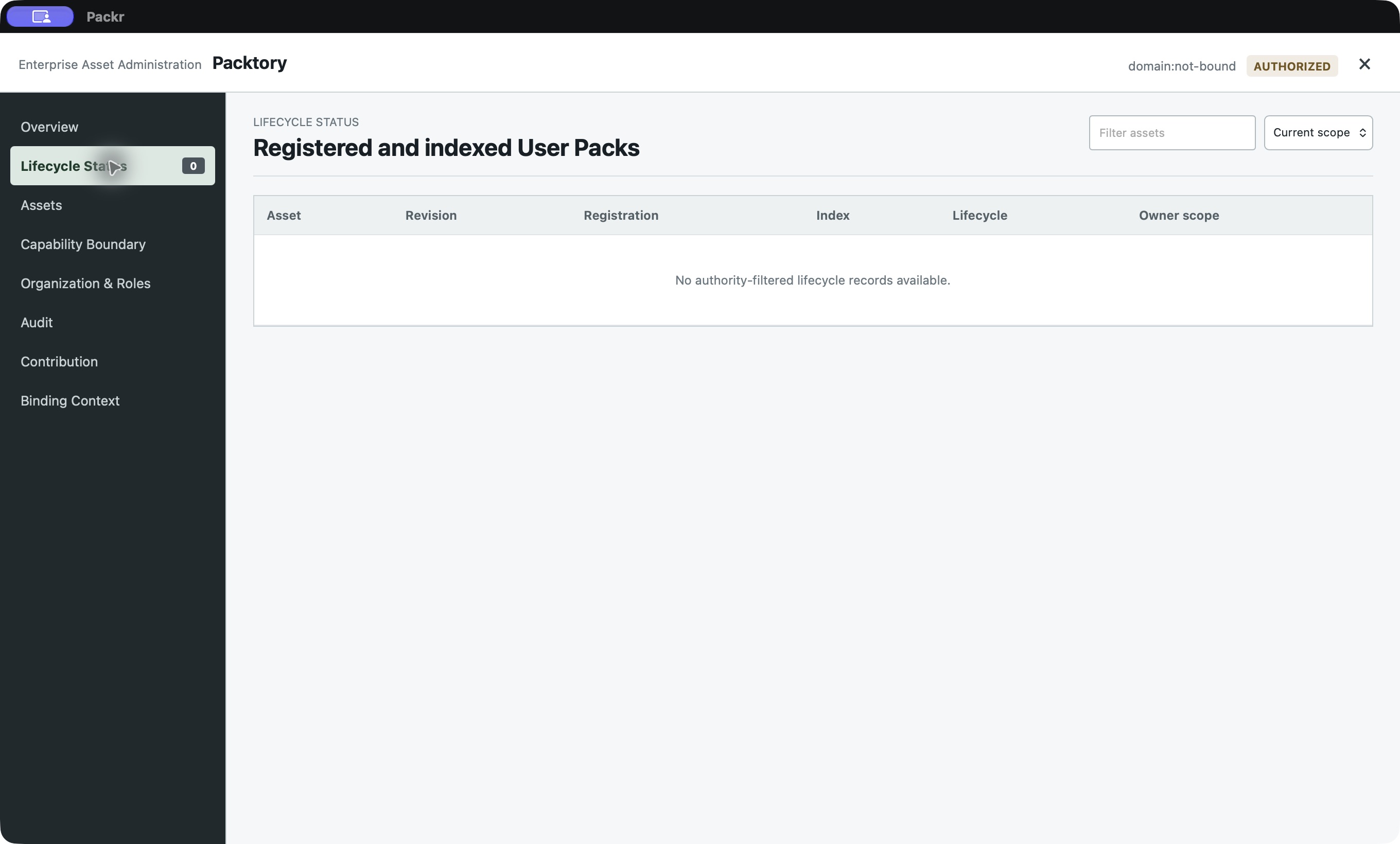 The authorized lifecycle view displays No authority-filtered lifecycle records available. This view does not establish absence of underlying records.