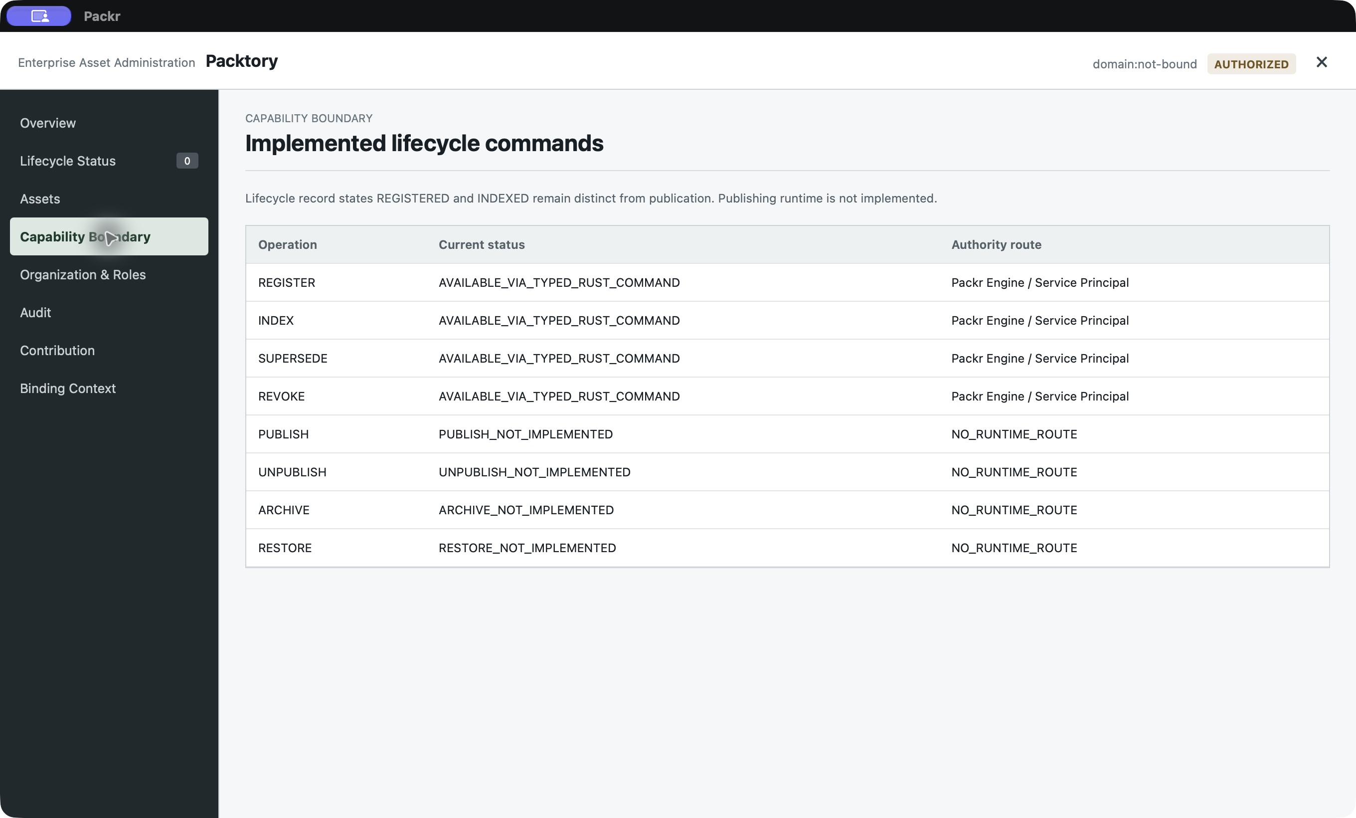 The native table describes typed engine routes and unavailable routes in this panel. No lifecycle command was executed.