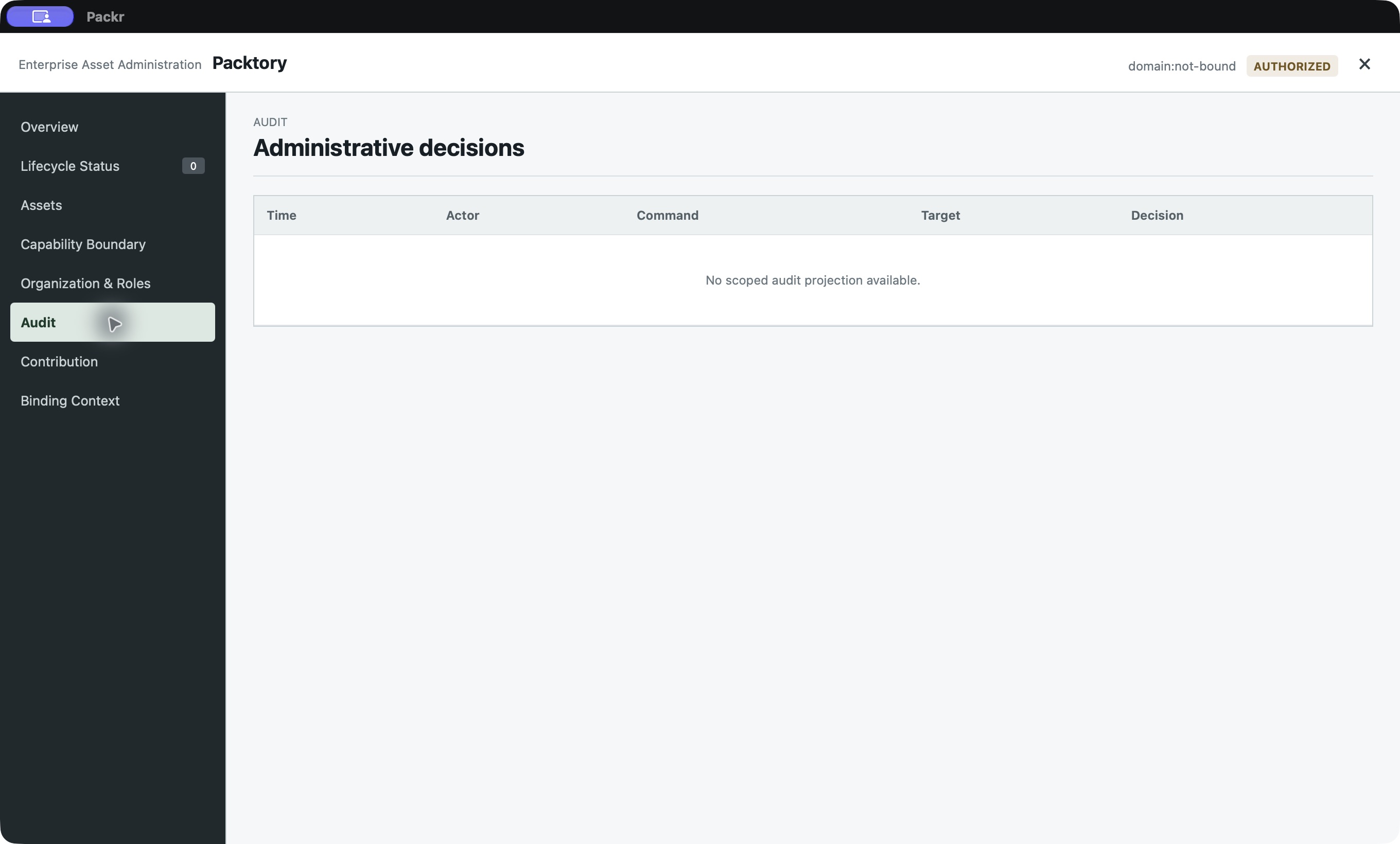 Audit reports No scoped audit projection available. This is the Administration view, separate from the existing Work Audit Report.