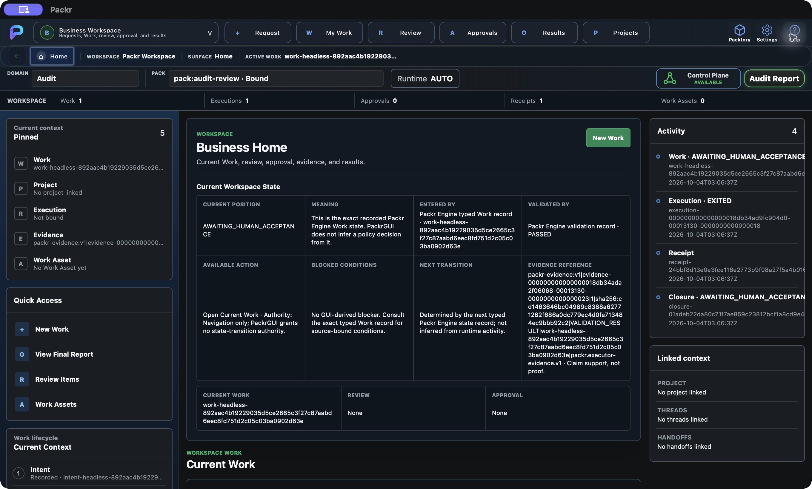Closing Administration returns to the existing Work: one execution, validation PASSED and human acceptance pending. No new Work or acceptance was created.