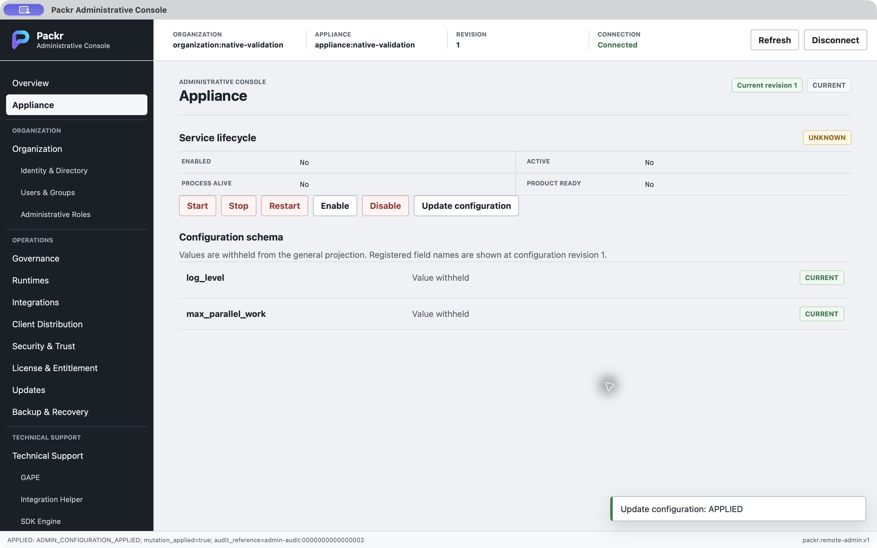 Configuration applied at revision 1 in the isolated local repaired candidate.