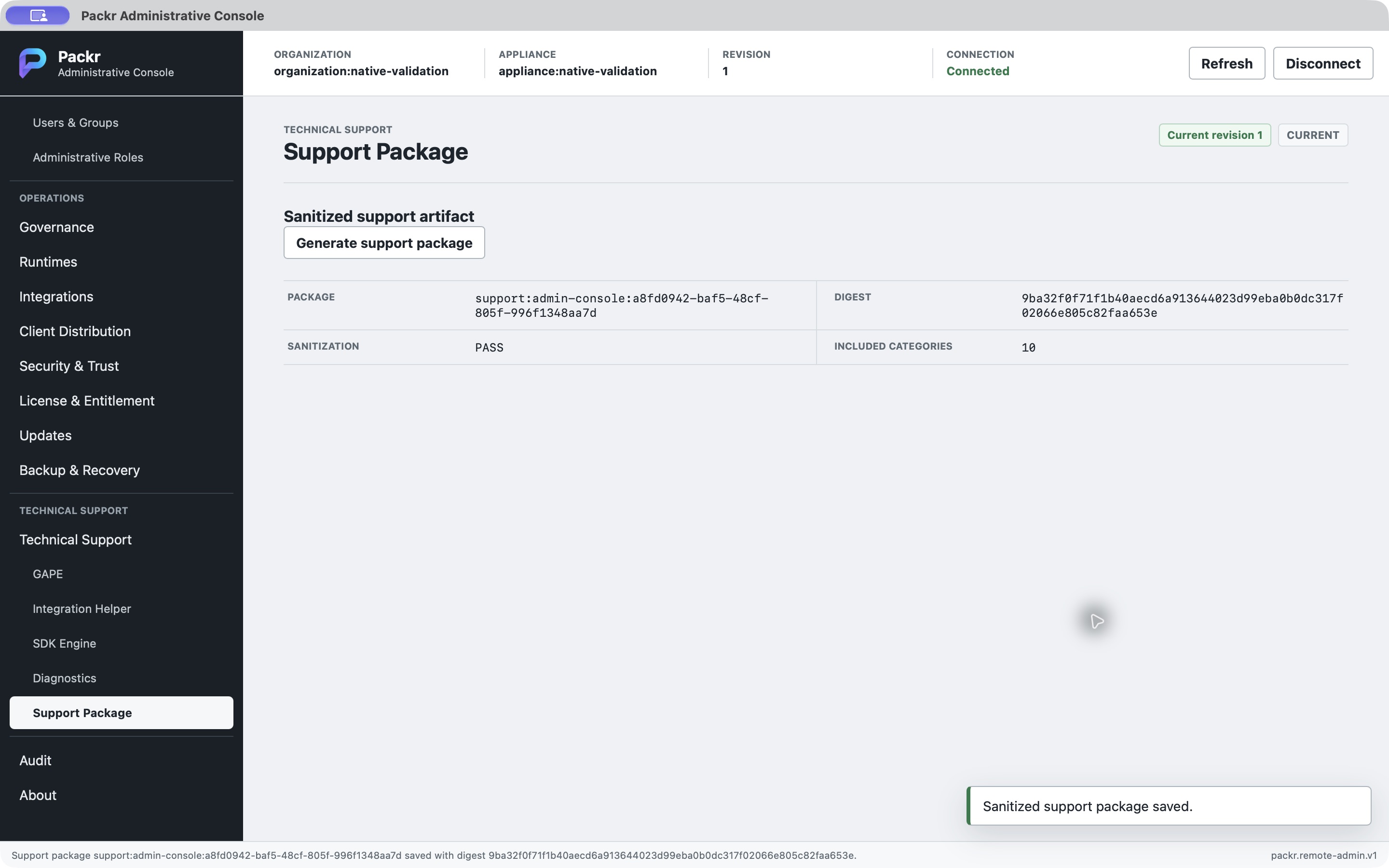 Support package saved with PASS and 10 categories in the isolated local repaired candidate.