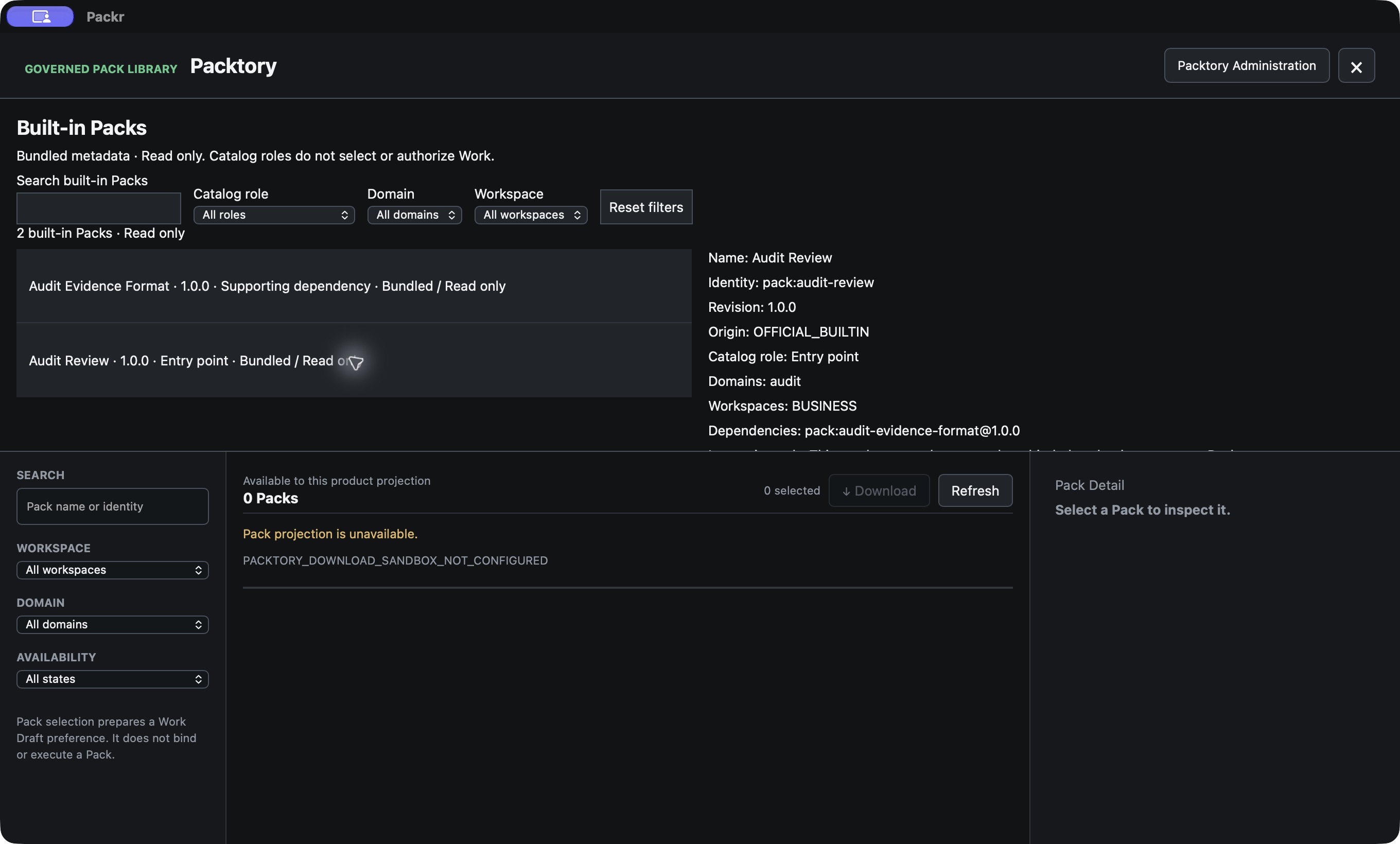 Audit Review 1.0.0 is an Entry point and references Audit Evidence Format 1.0.0. The built-in panel can be scrolled to read its final line.