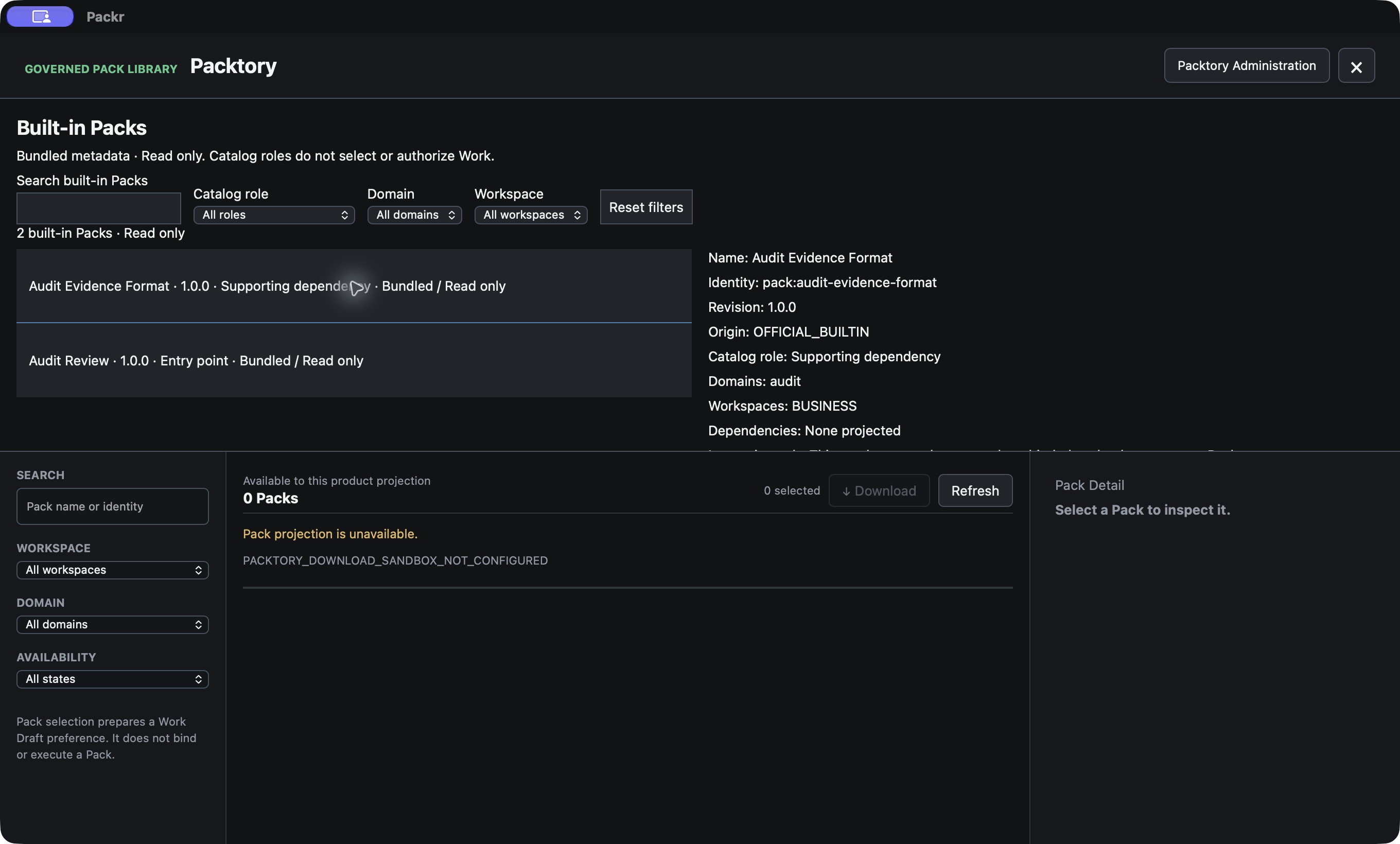 Audit Evidence Format 1.0.0 is a Supporting dependency. Selecting the row opens metadata only.