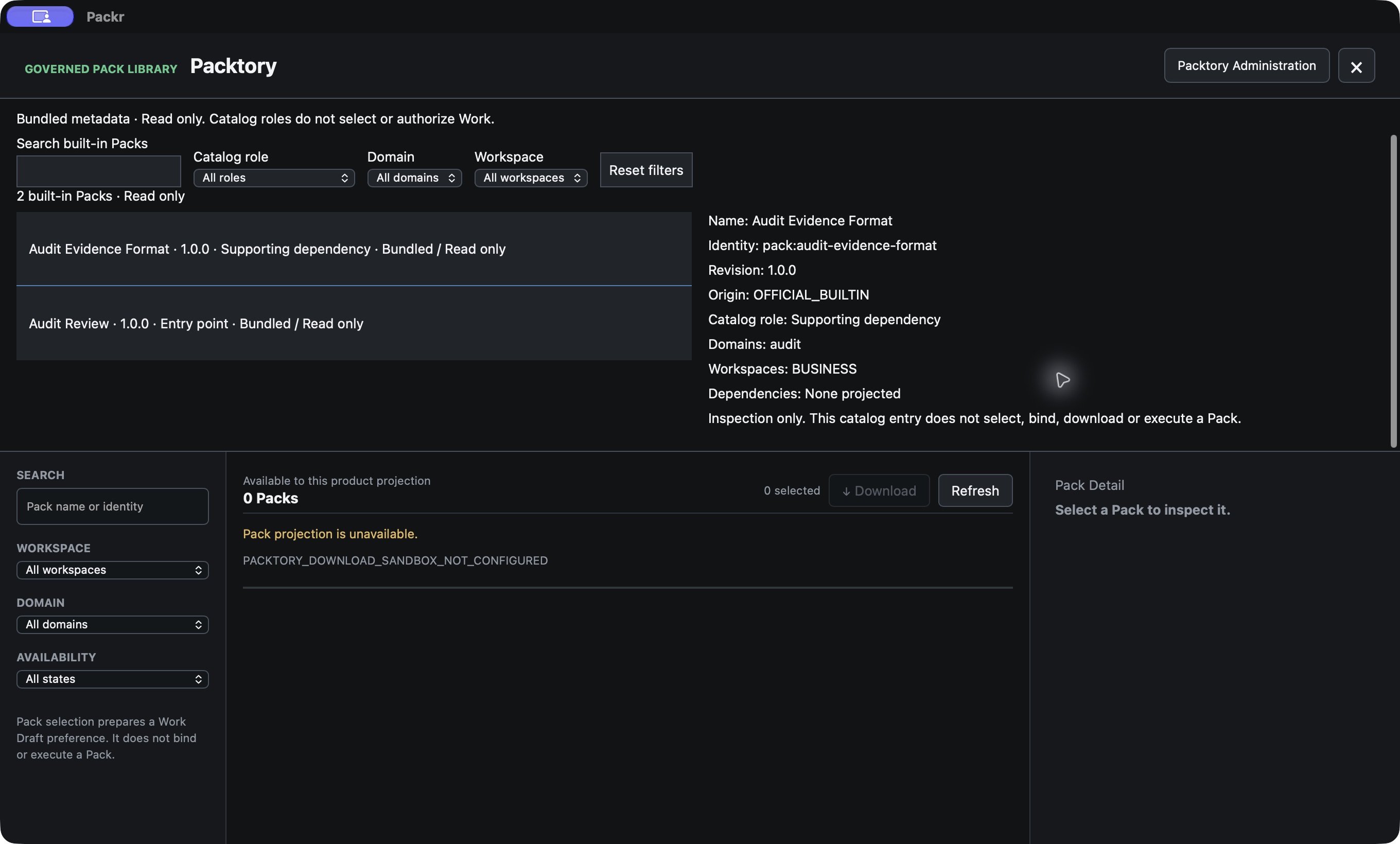 Scroll inside the Built-in Packs panel to see Dependencies and the Inspection only message. No Pack action is offered in this detail.