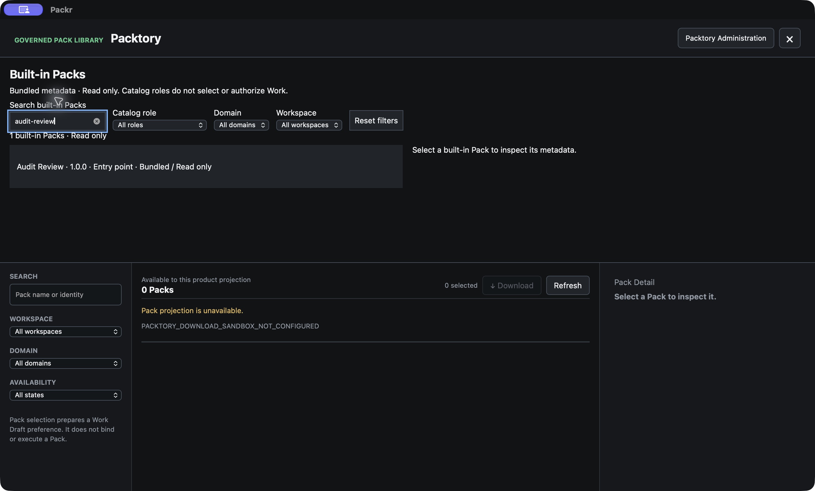 Searching for audit-review leaves the Audit Review row. The previously selected dependency detail is cleared.
