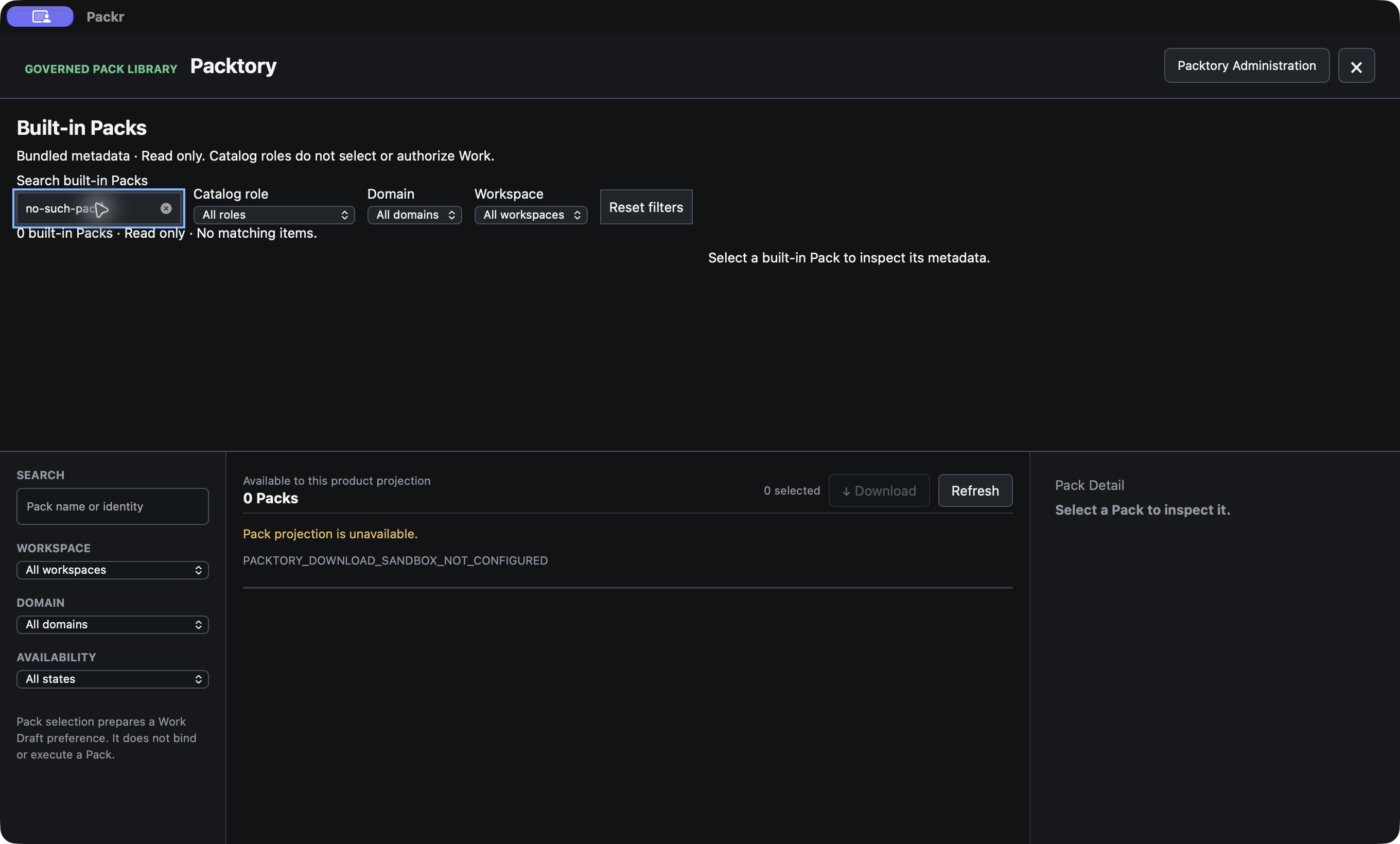 The no-such-pack search matches no item. This filtered result does not mean the bundled registry is empty.