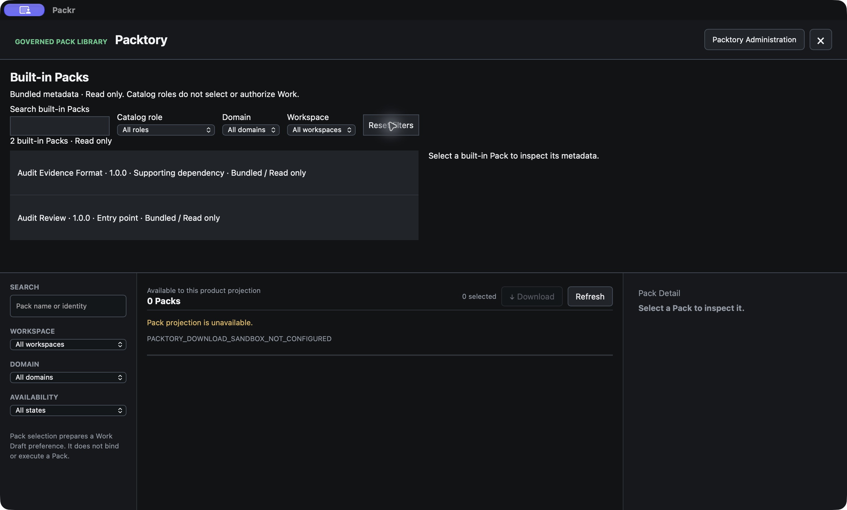 Reset filters clears the search and returns all scope filters to All. Both built-in rows return.