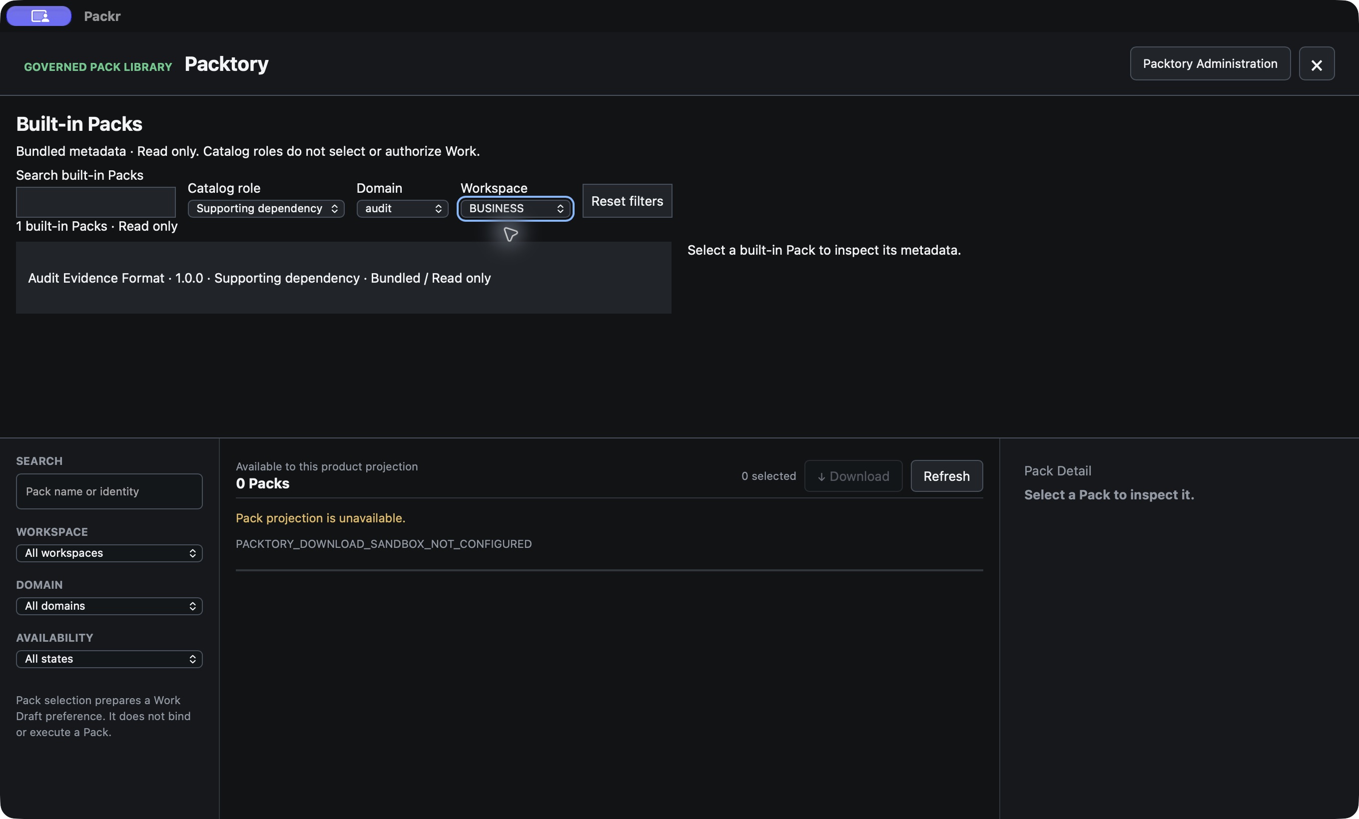 Supporting dependency, audit and BUSINESS together show the same one matching Pack.