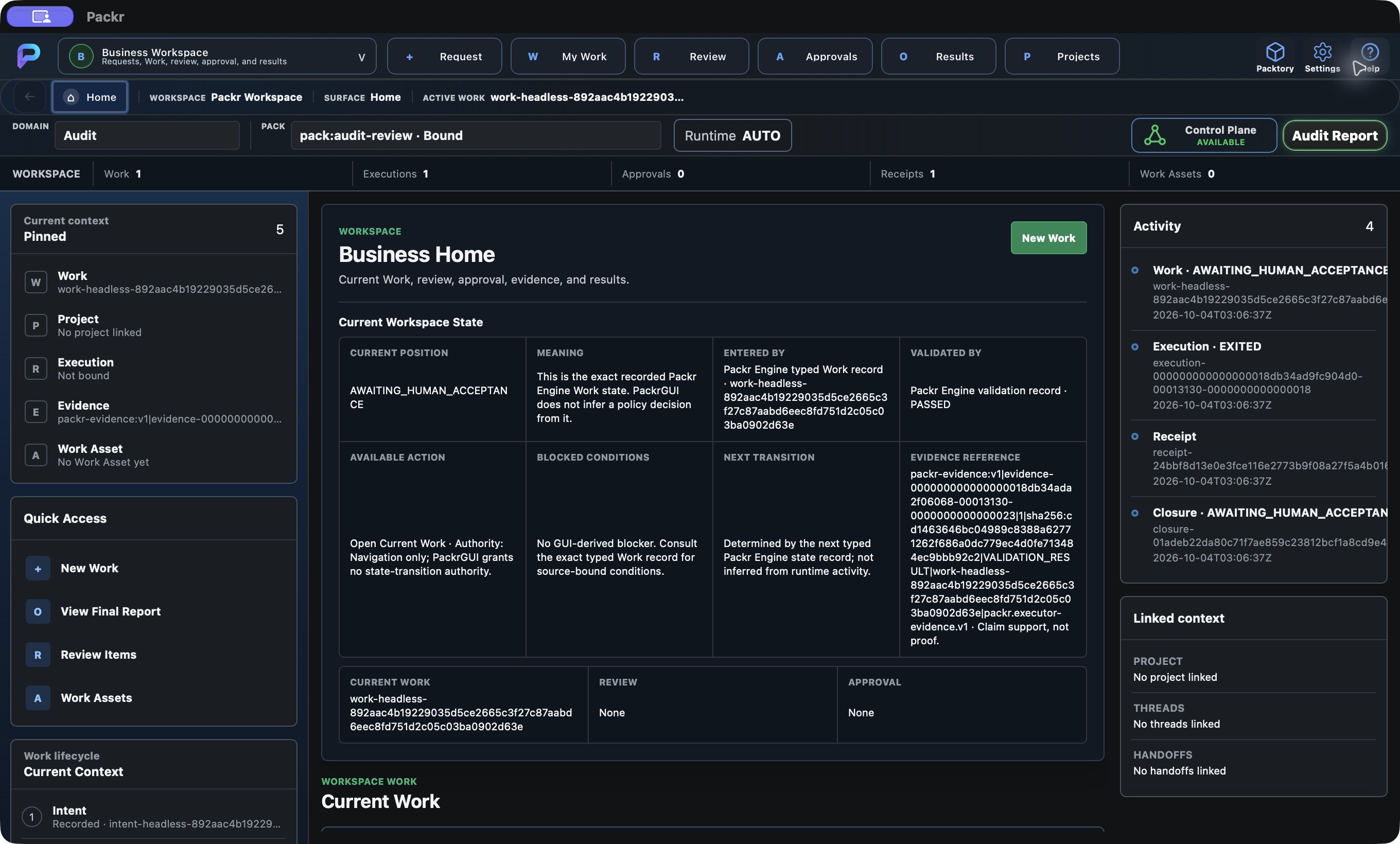 Closing Packtory returns to the same existing Work: one Work, one execution, validation PASSED and human acceptance still pending. No new Work was submitted.