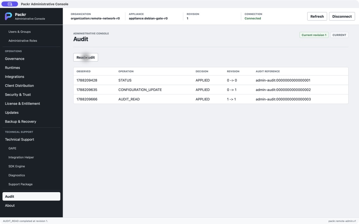 The same historical attempt displays STATUS 0→0, CONFIGURATION_UPDATE 0→1 and AUDIT_READ 1→1. This is retained test evidence, not a fresh query of the current installation.