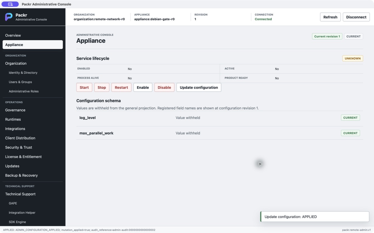 31 August 2026 native validation on a separately prepared test target. Update configuration returned APPLIED and revision 1. Values remain withheld; this screenshot does not display WARN or prove service readiness.