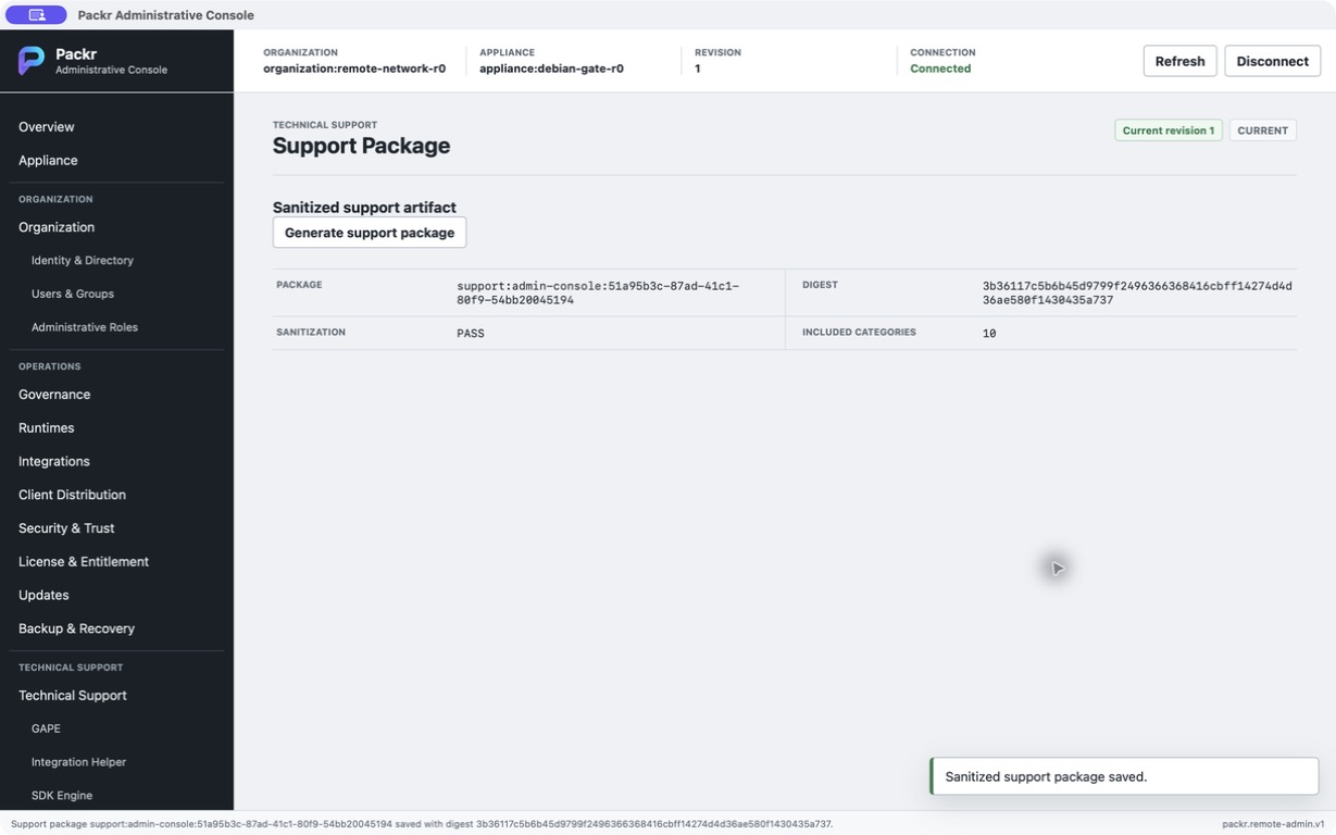 A separately approved successor binary completed support generation and save, displaying Sanitization PASS and 10 categories. Attempt 002 had failed this step; these are separate executions. Saving is not an upload or a support response.