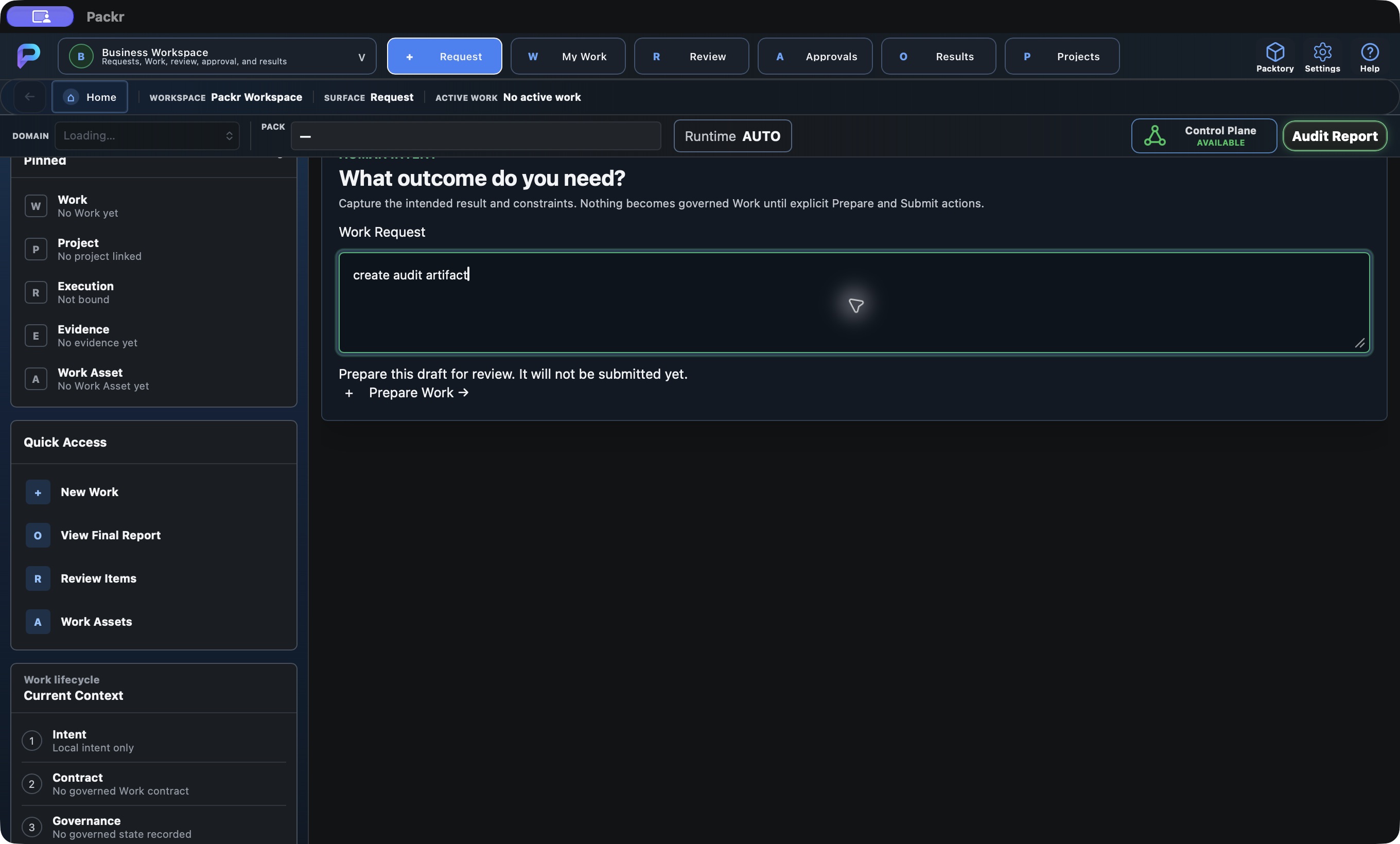 Actual Packr native screen. Business: enter the local request.