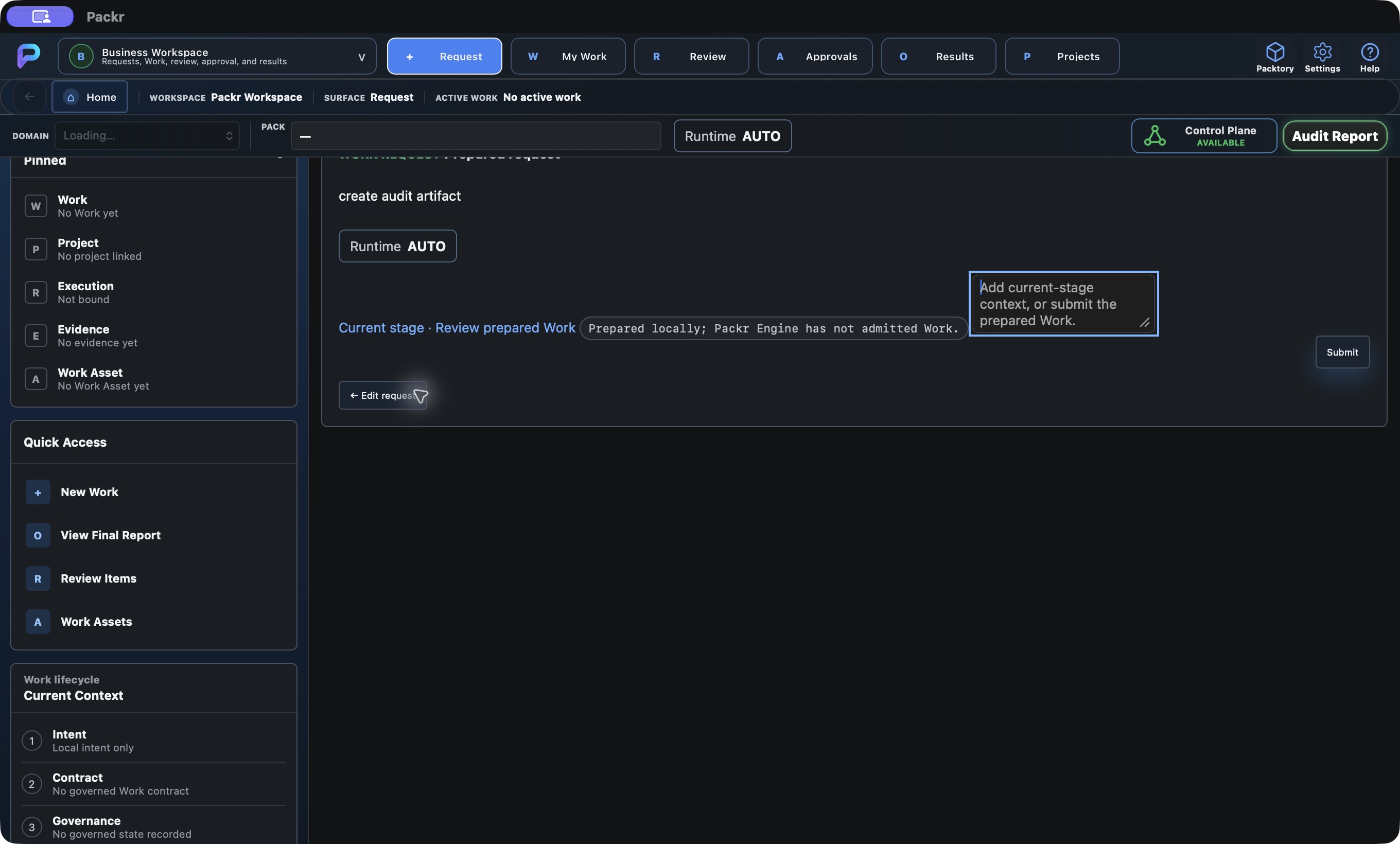 Actual Packr native screen. Business: review before Submit.