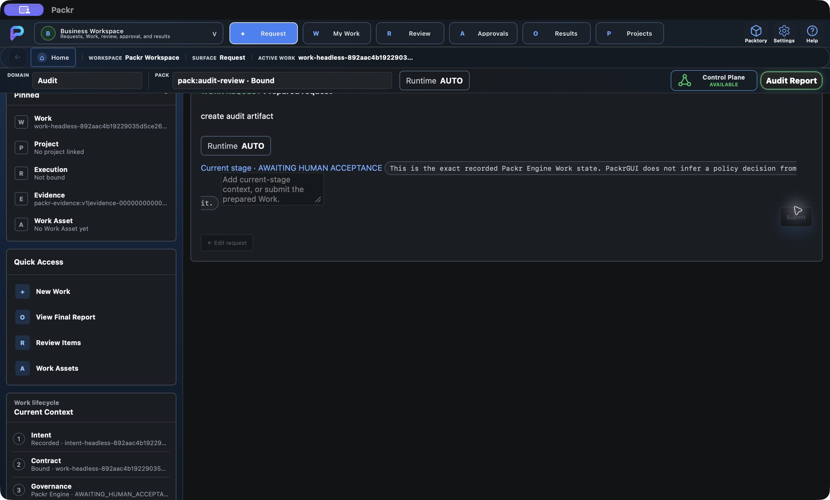 Actual Packr native screen. Business: read the submitted Work state.