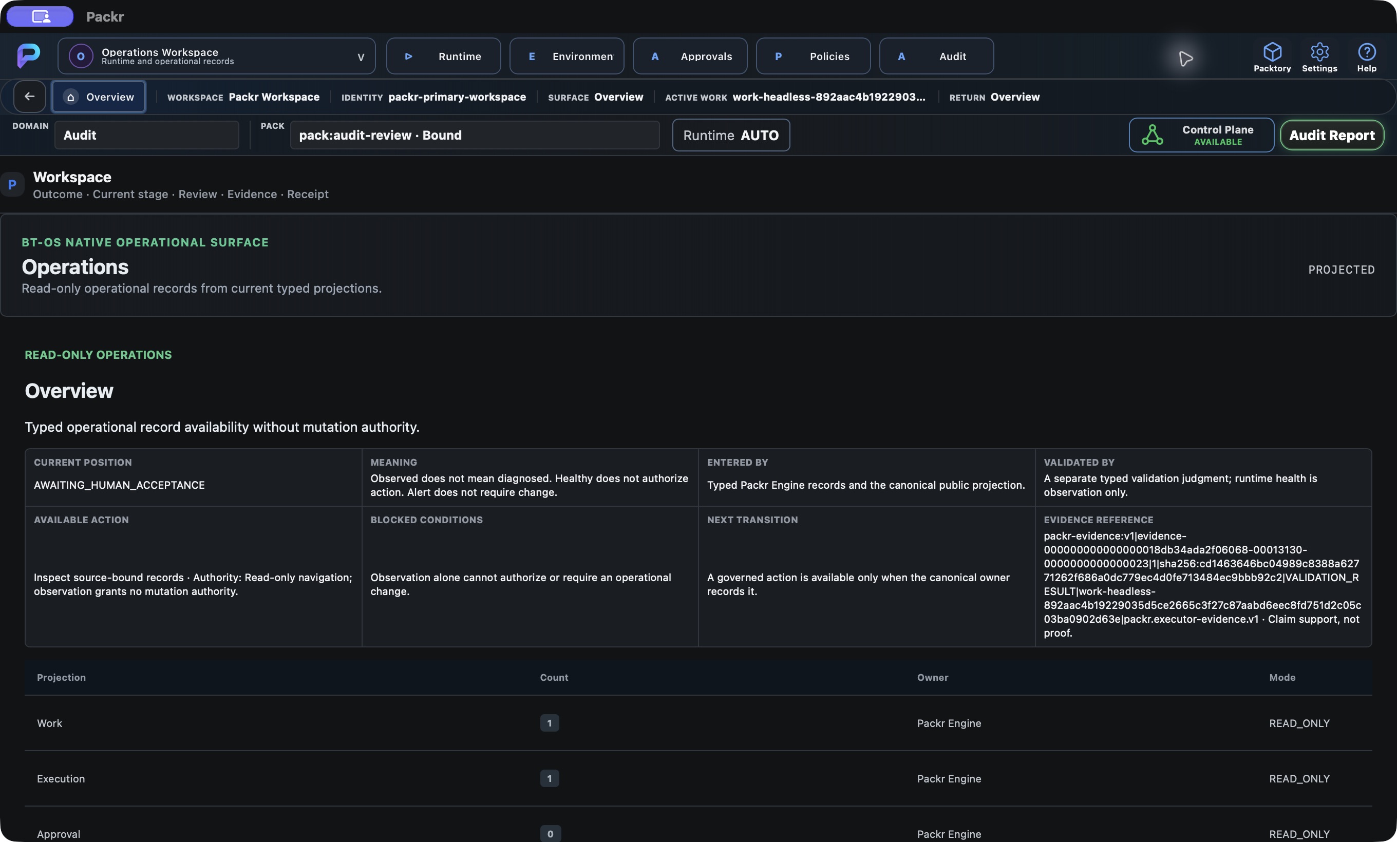 Actual Packr native screen. Operations: read the overview.