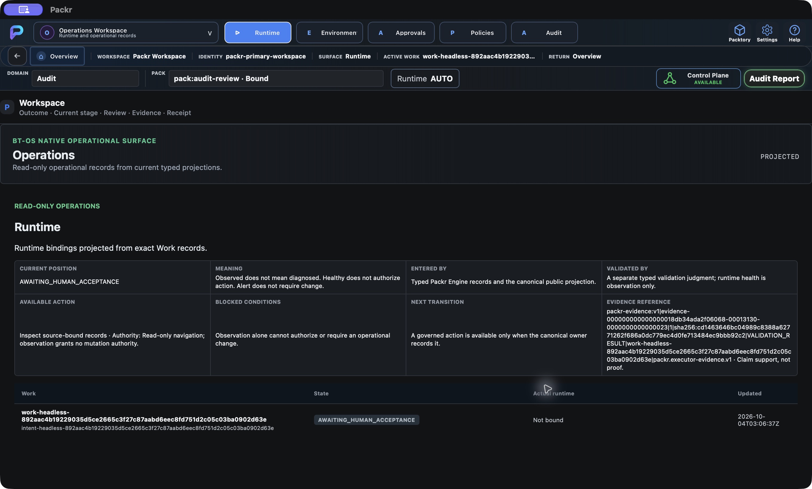 Actual Packr native screen. Operations: compare the Work runtime row.