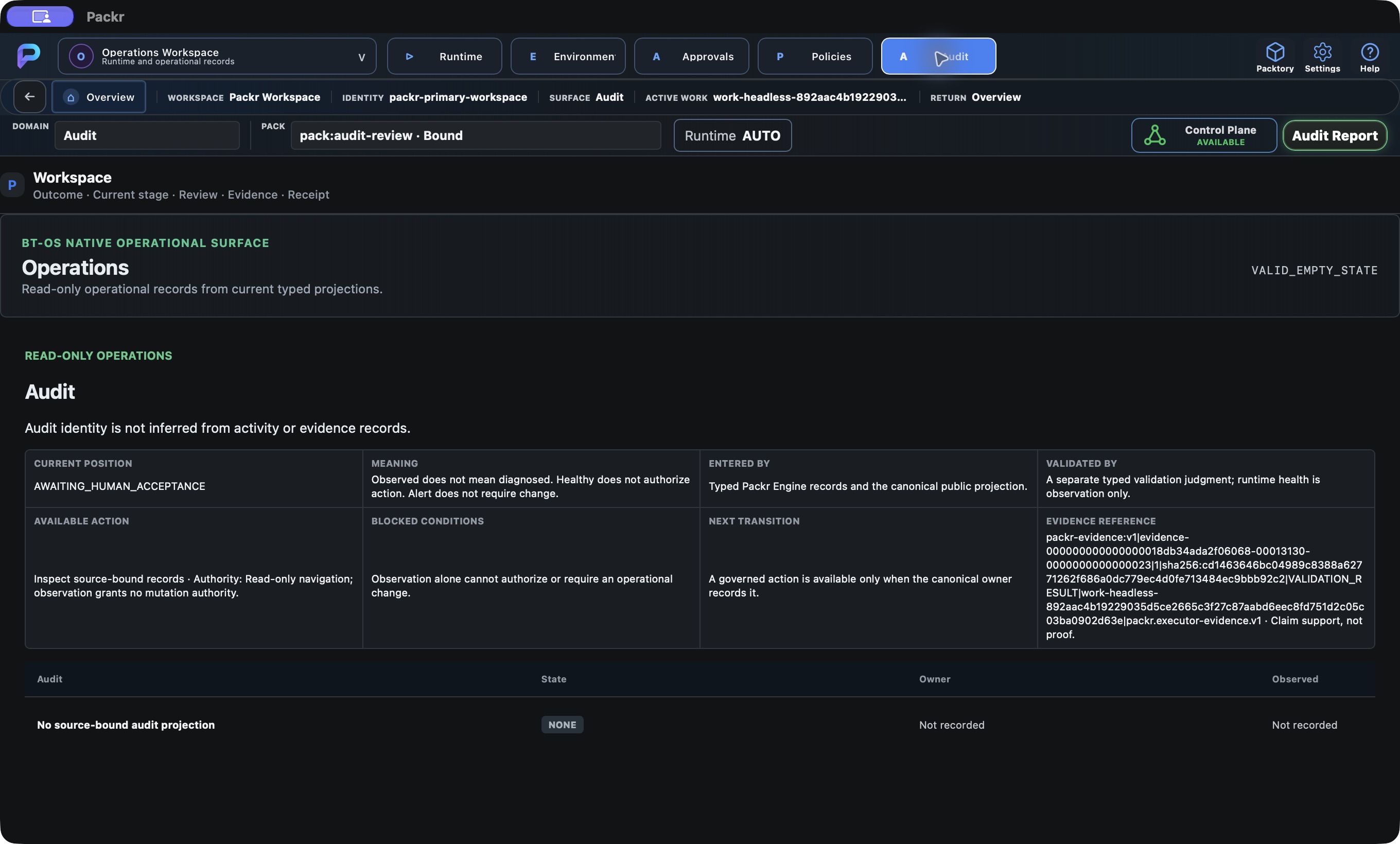 Actual Packr native screen. Operations: inspect the Audit projection.