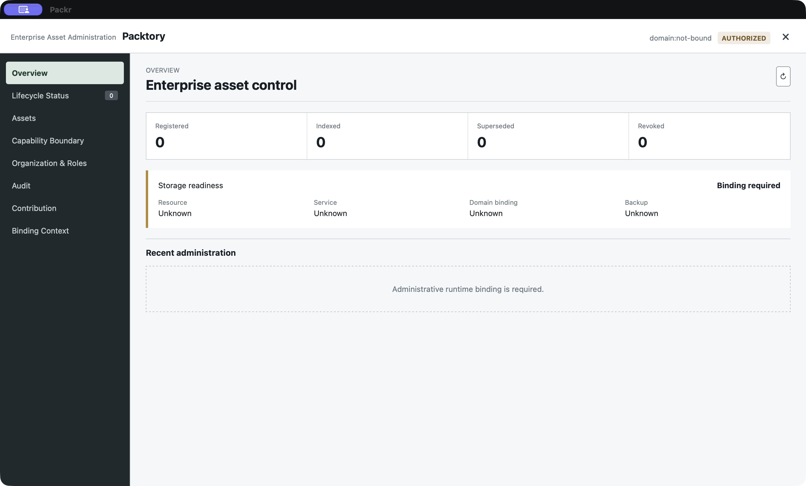 Actual Packtory Administration Overview showing domain:not-bound, AUTHORIZED and Binding required.