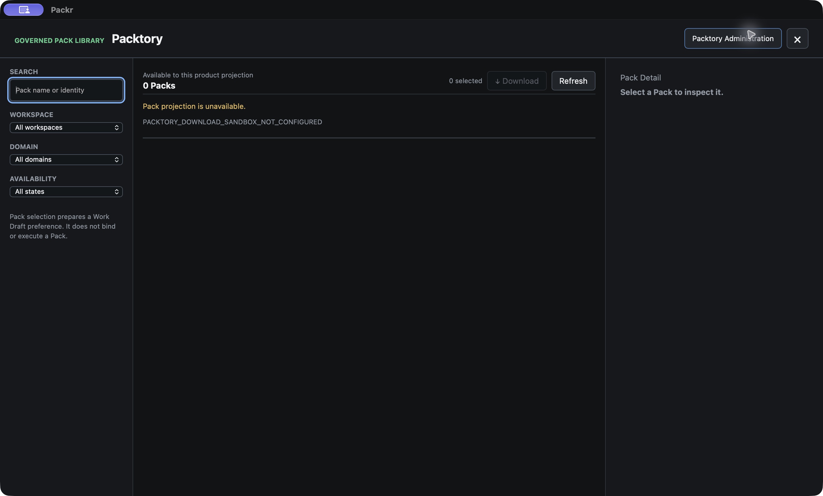 Actual Packtory library with search filters, disabled Download and PACKTORY_DOWNLOAD_SANDBOX_NOT_CONFIGURED.