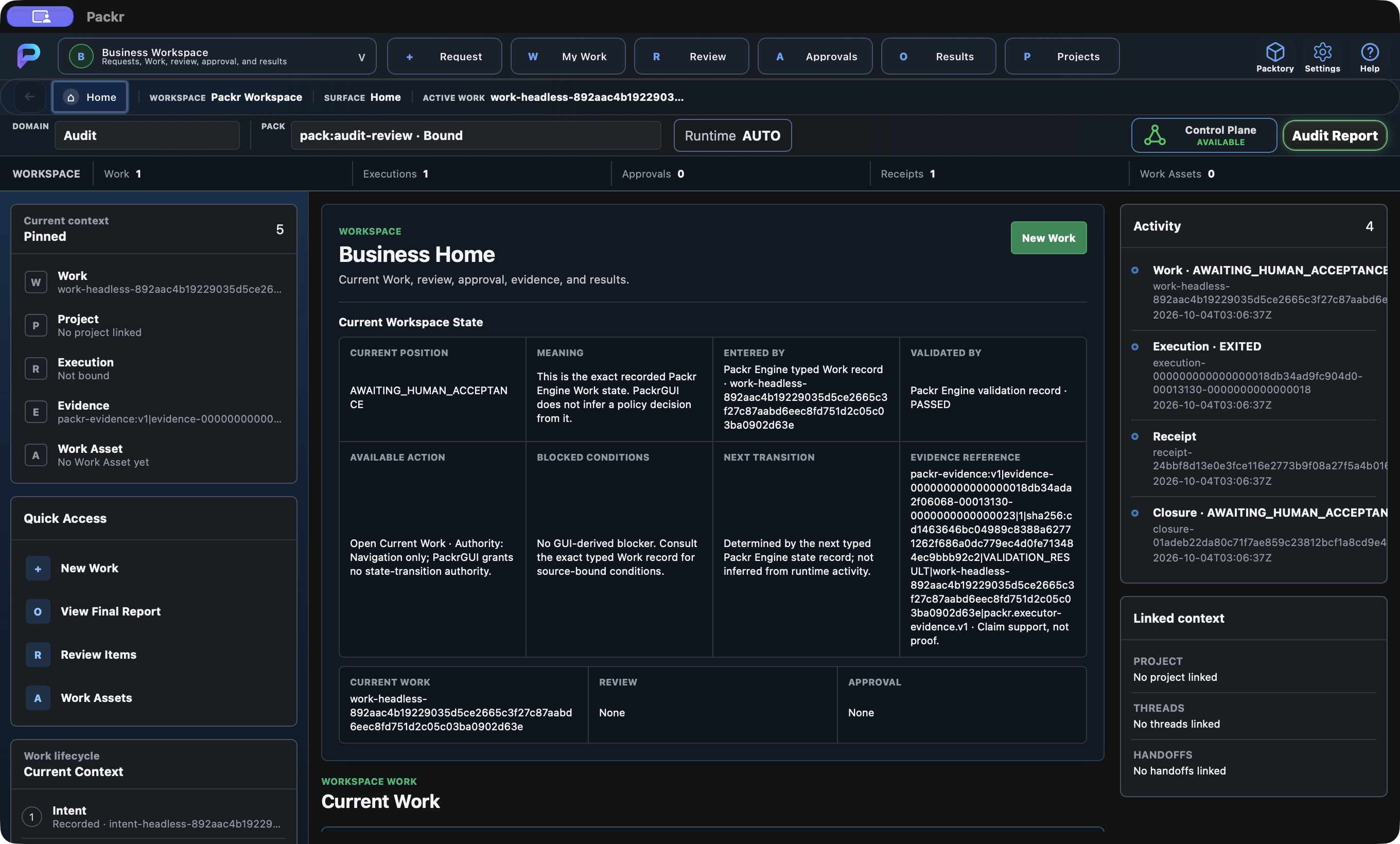 Actual Packr native screen. Business Home: find your starting point.