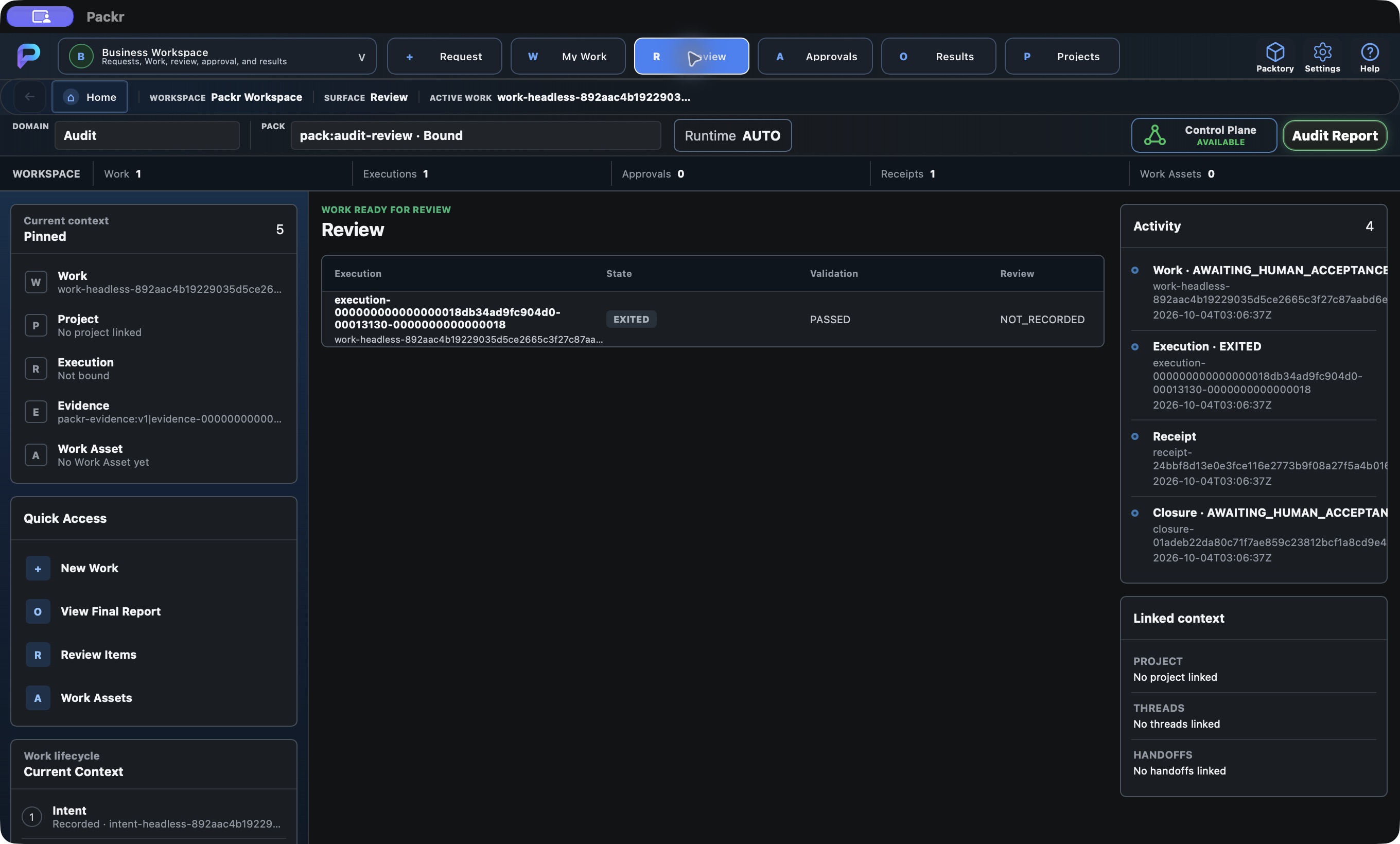 Actual Packr native screen. Review: inspect the recorded execution.