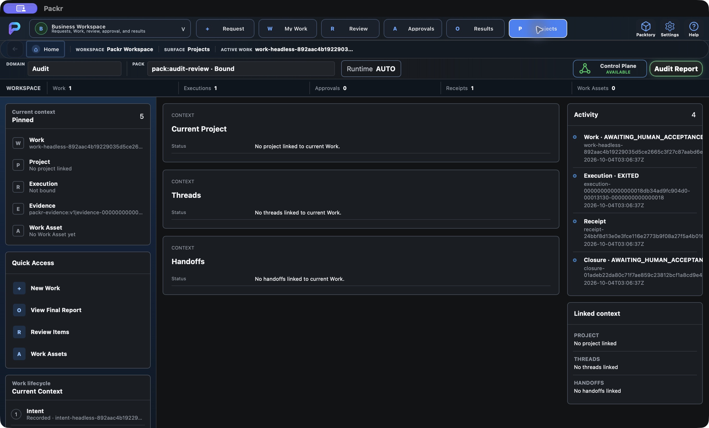 Actual Packr native screen. Projects: inspect linked context.