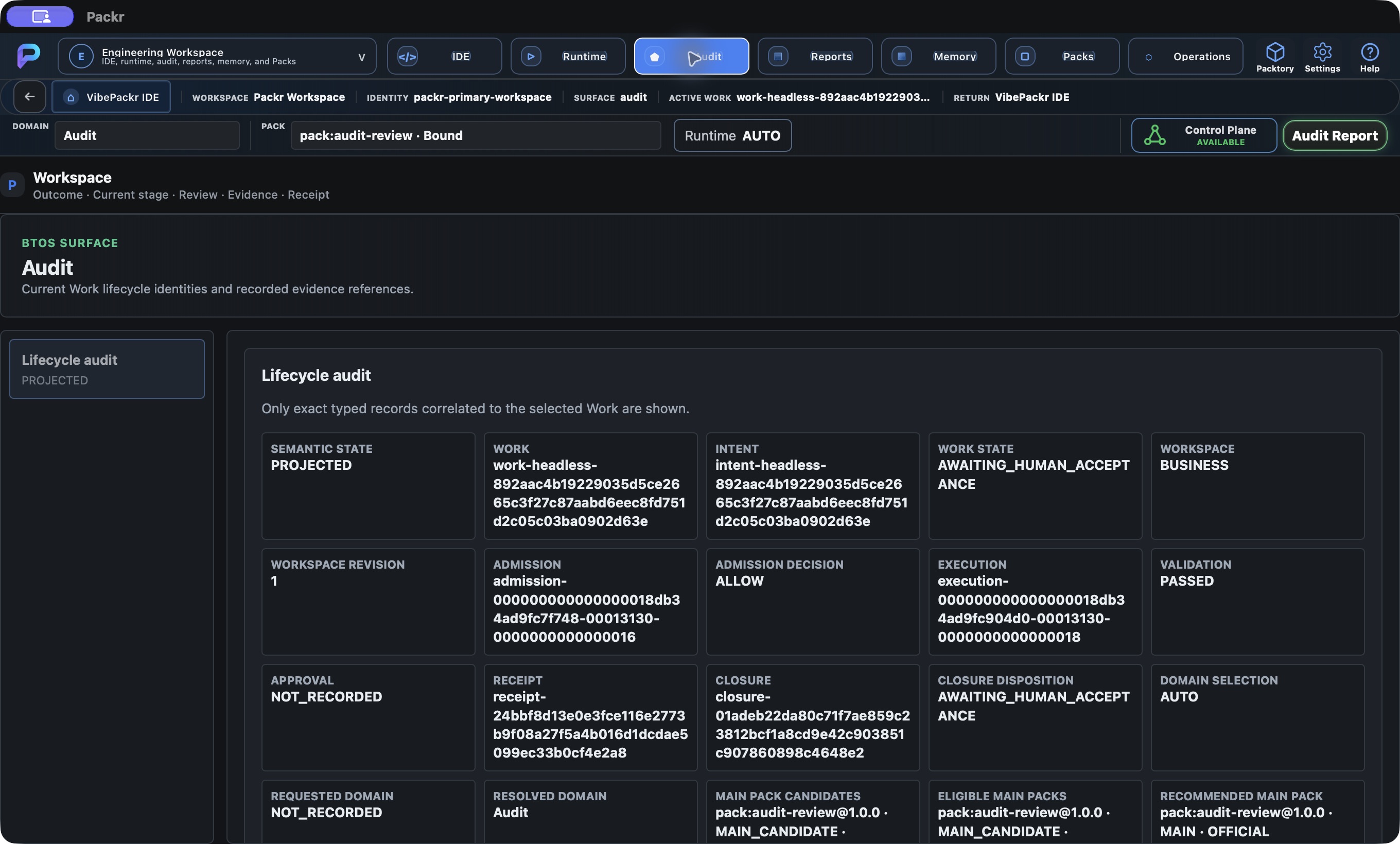Actual Packr native screen. Audit: correlate the Work records.