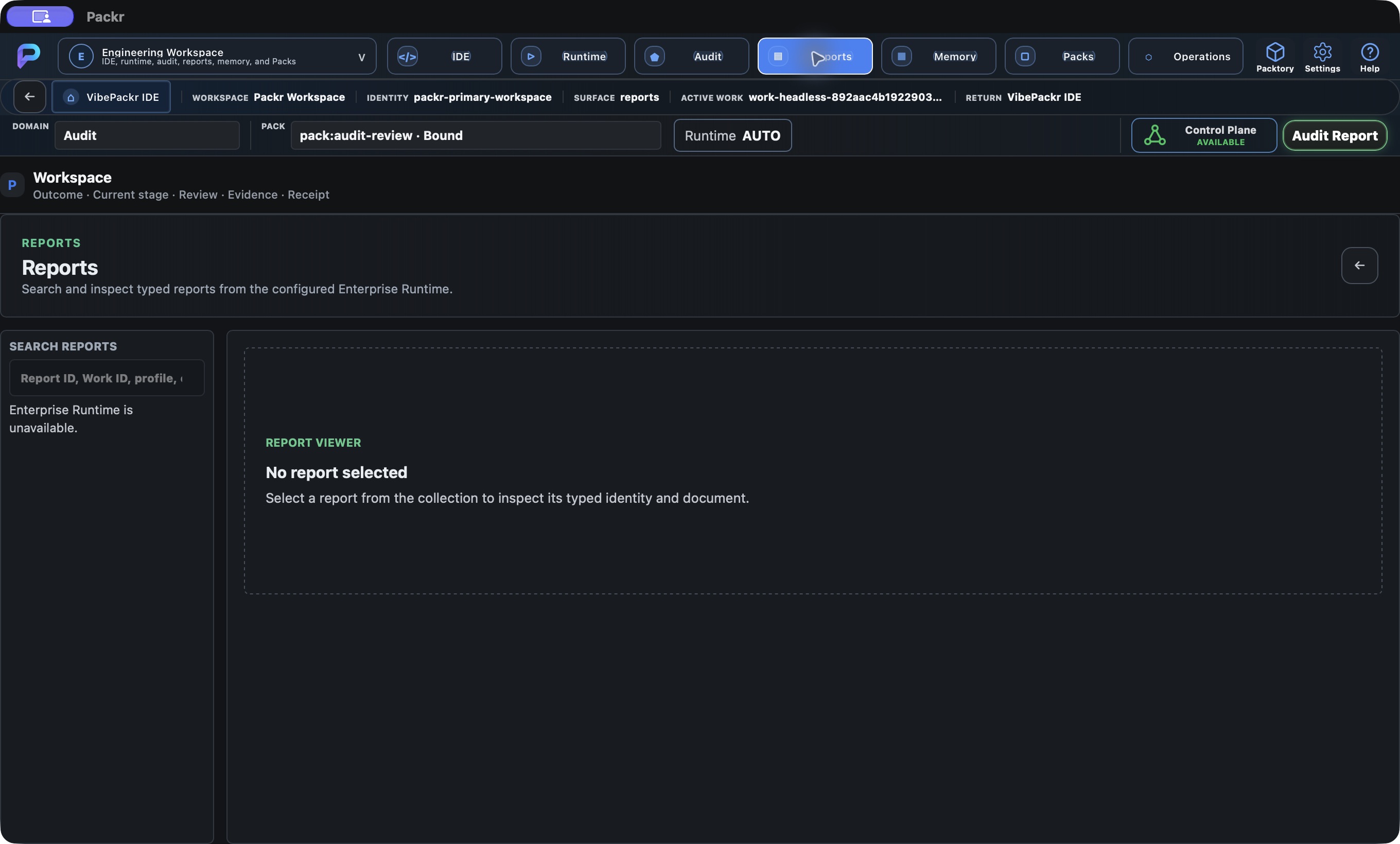 Actual Packr native screen. Reports: read the runtime requirement.