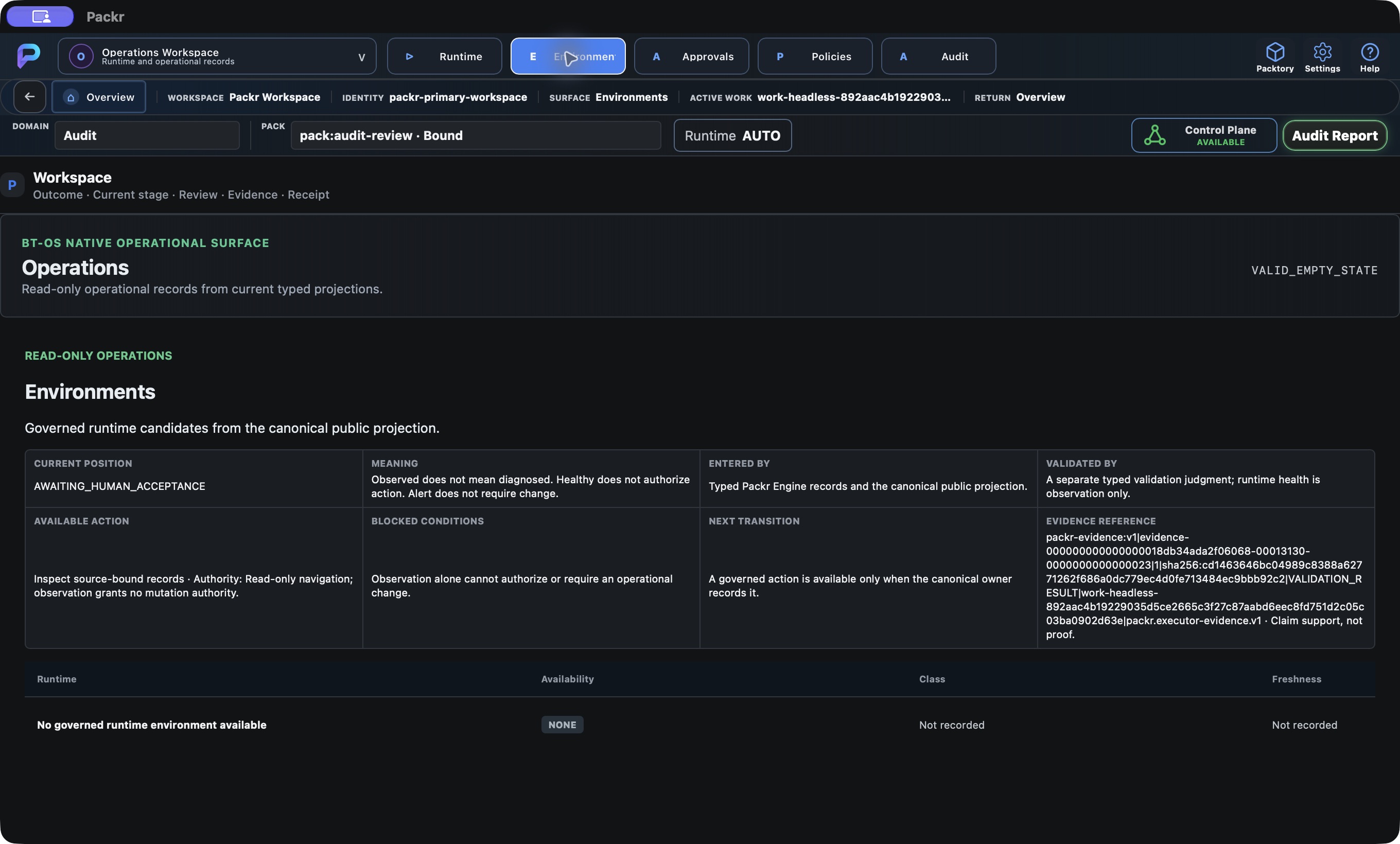 Actual Packr native screen. Environments: inspect runtime candidates.