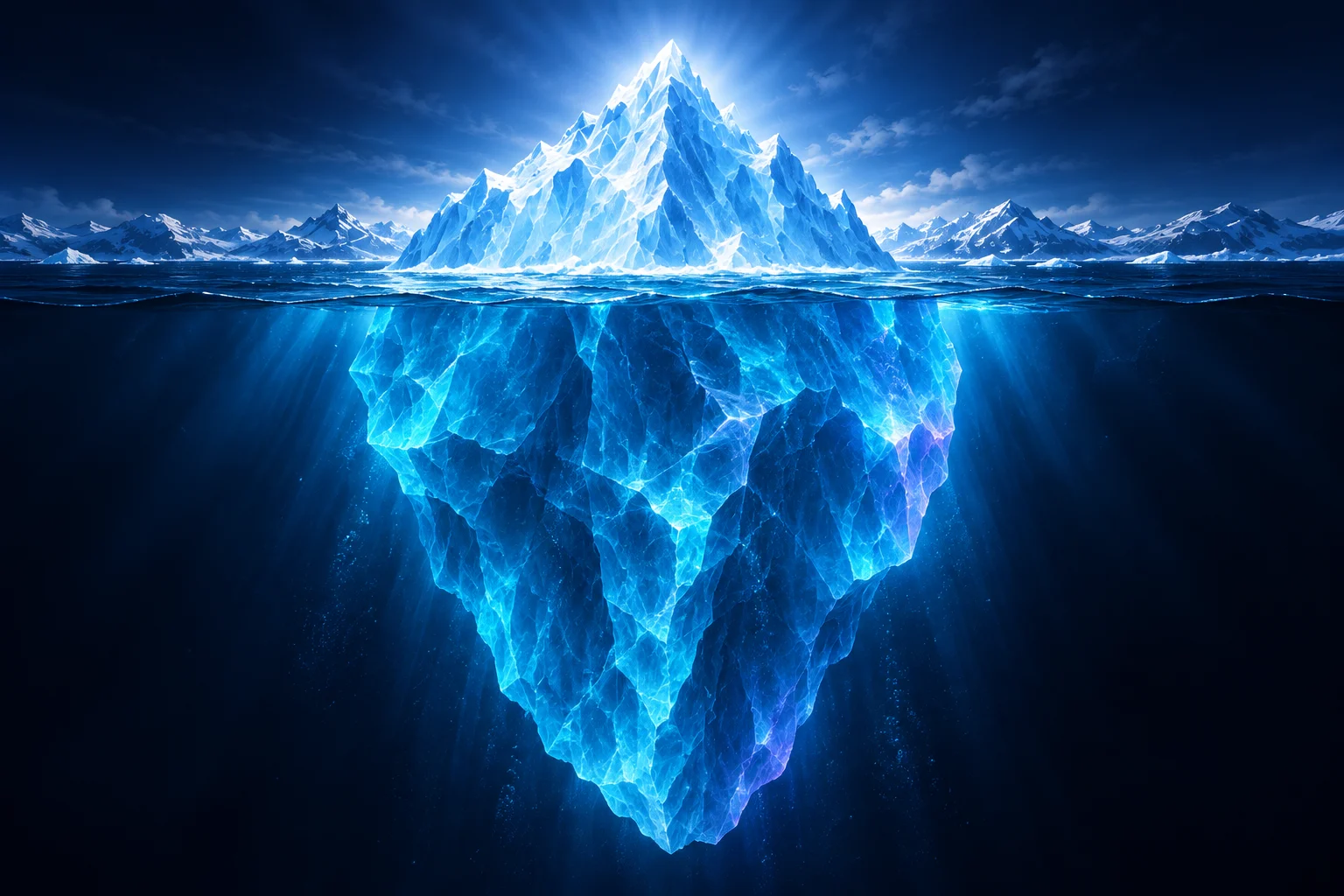 An iceberg, with its visible peak supported by a much larger structure below the water.