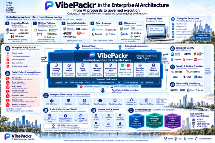 Detailed enterprise responsibility view showing optional preparation, declared policy references, Packr Engine governance, admission or denial, controlled execution, result validation, bound evidence, surrounding controls and an isolated SDK Engine concept with integration not established.